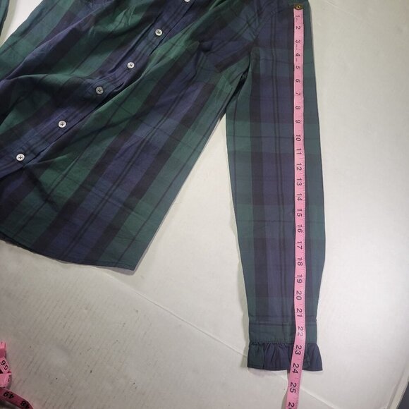 J.Crew Green & Navy Plaid Ruffle Collar Long Sleeve Button-Up Shirt Size  XS - Picture 7 of 8